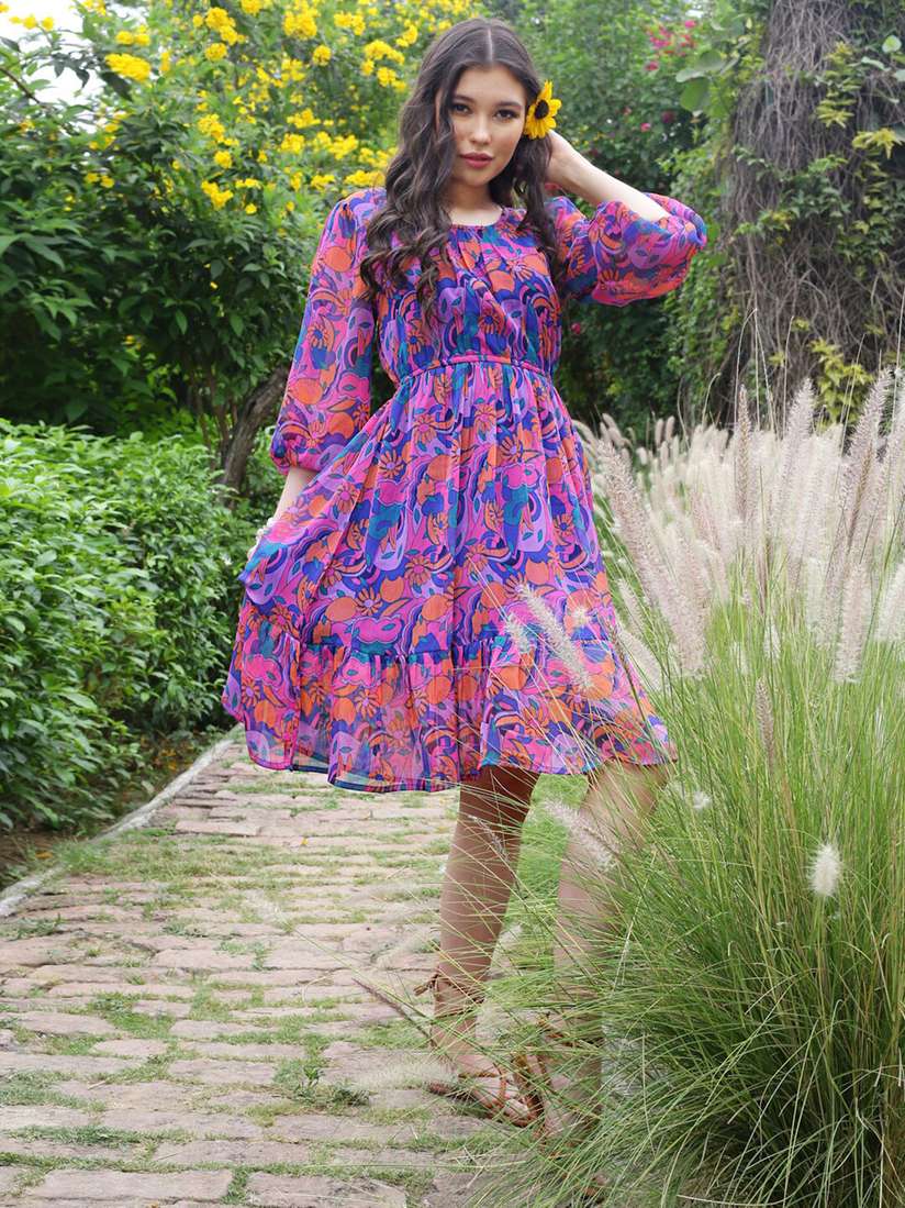 Buy Sera Violet & Pink Floral Print Balloon Sleeve Chiffon Dress  