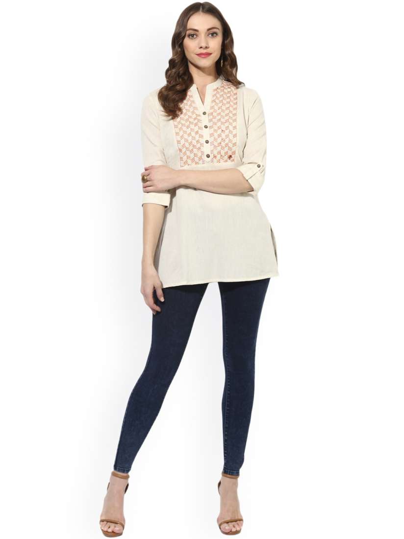 Buy Juniper Cream Pure Cotton Embroidered A Line Pure Cotton Kurti Kurtis for Women 2344556 Myntra