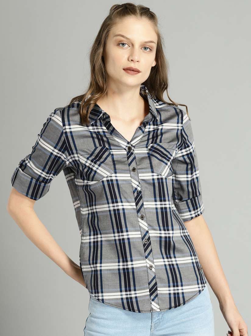 Buy Roadster Women Grey Black Regular Fit Checked Casual Shirt Shirts for Women 2345110 Myntra