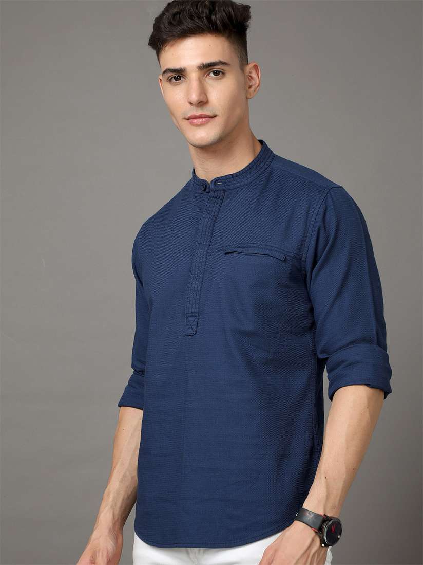 Buy HERE&NOW Navy Blue Self Design Band Collar Cotton Casual Shirt 
