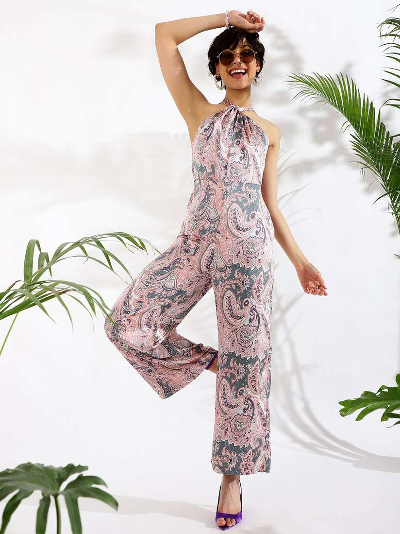 Grey And Pink Jumpsuit KASSUALLY Pink Grey Halter Neck Ethnic