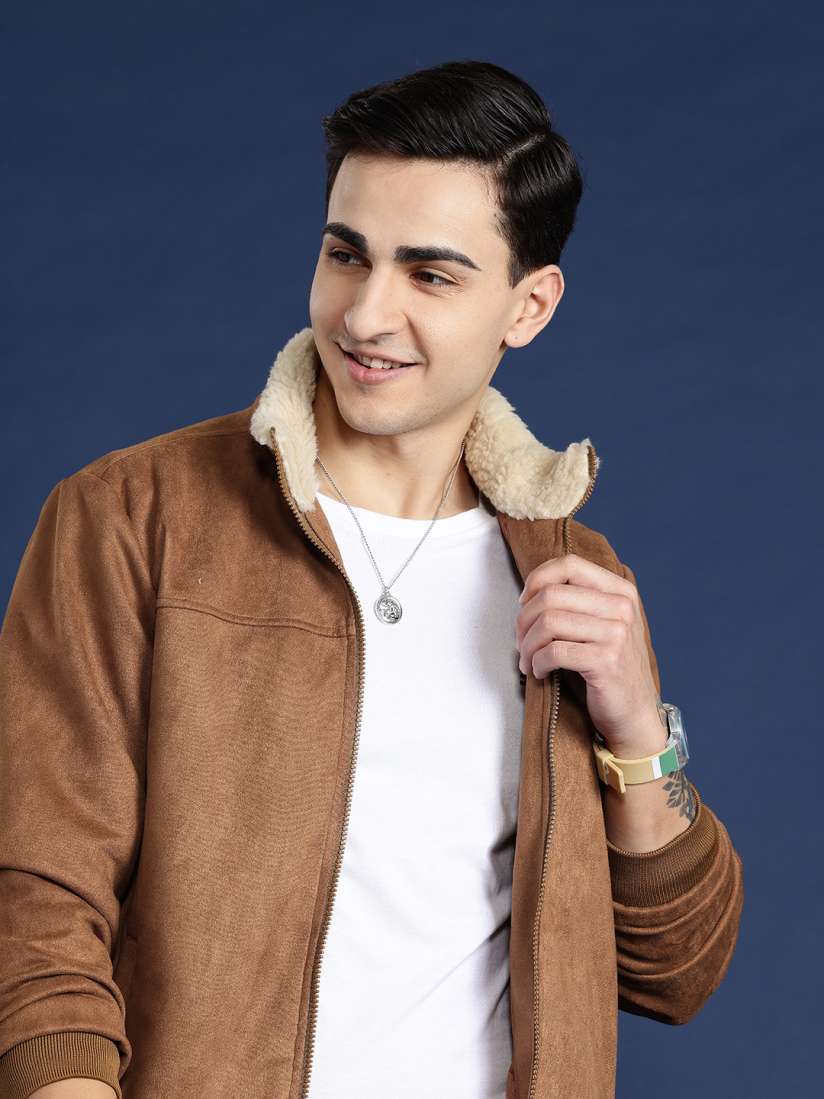 Faux fur collar bomber jacket mens top