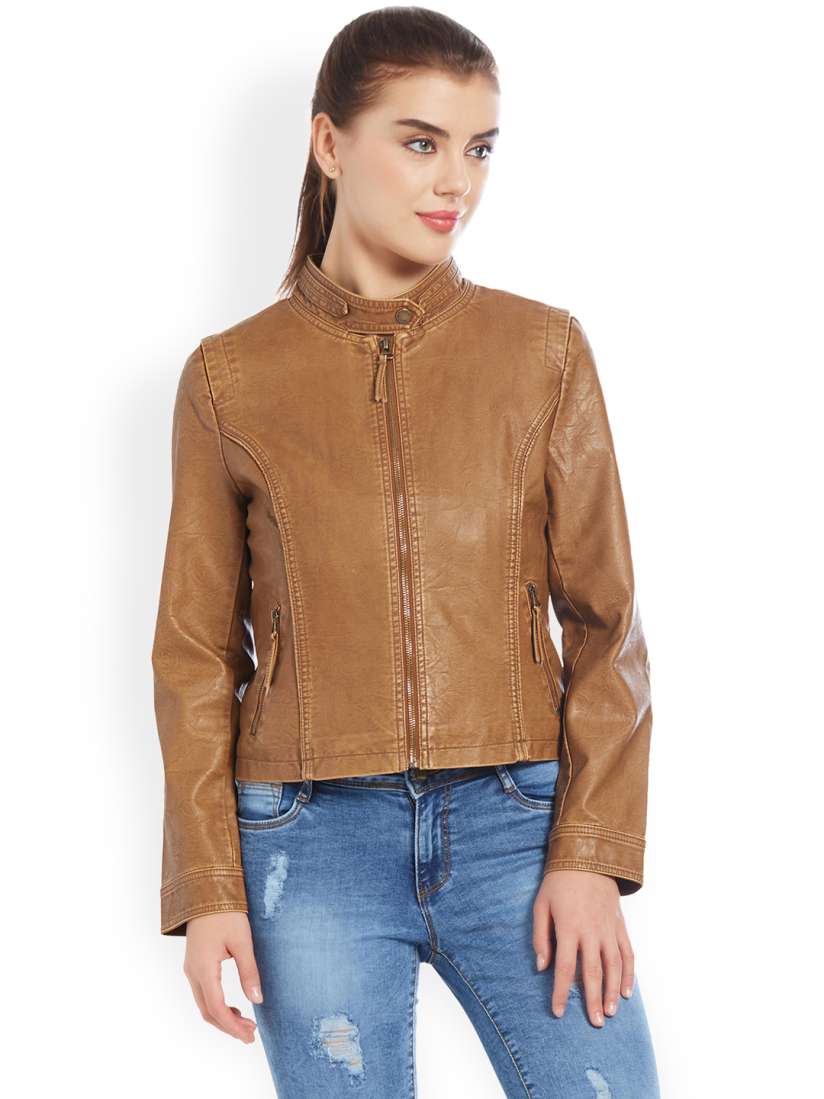 Buy Kraus Jeans Women Coffee Brown Solid Biker Jacket Jackets for Women 2350510 Myntra