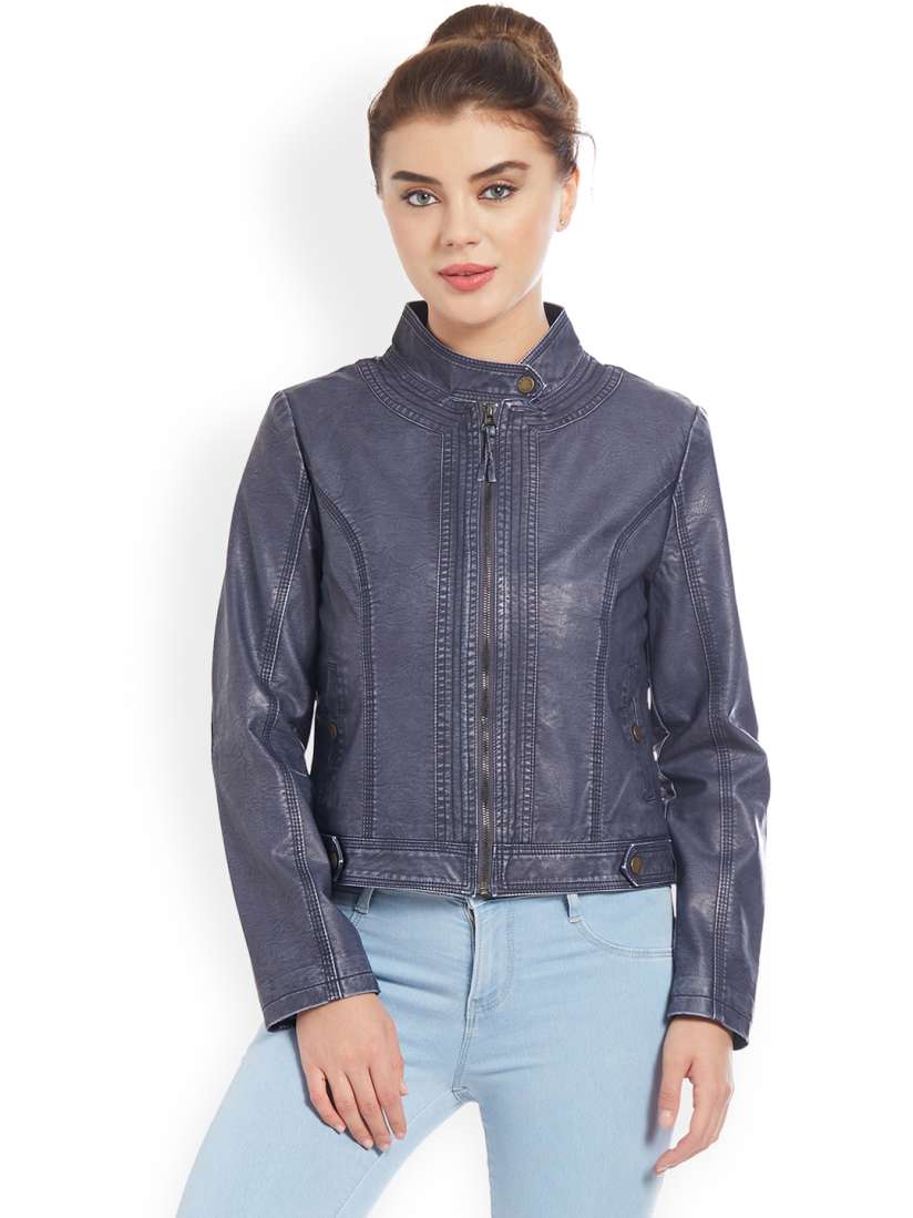 Buy Kraus Jeans Women Navy Blue Solid Biker Jacket Jackets for Women 2350532 Myntra