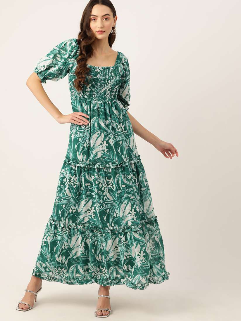 Buy DressBerry Floral Print Puff Sleeves Smocked Tiered Maxi Dress Dresses for Women 23514768 Myntra