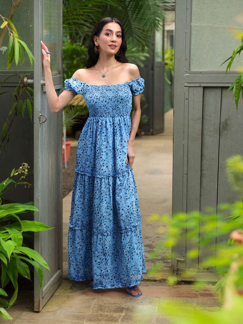 Buy DressBerry Floral Print Off Shoulder Smocked Maxi Dress Dresses for Women 23514782 Myntra