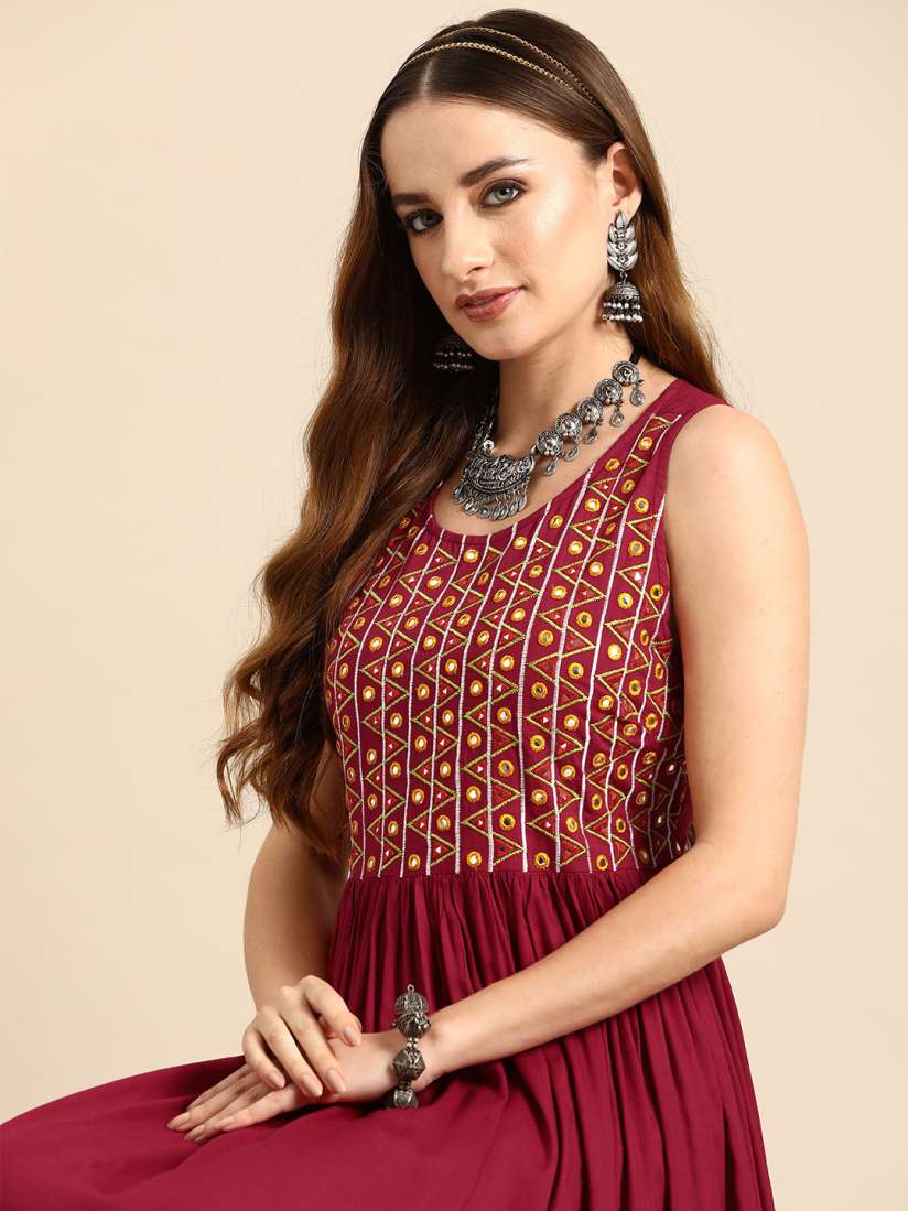 Buy Sangria Embroidered Mirror Work Pleated Styled Back Ethnic Dress Ethnic Dresses for Women 23515376 Myntra
