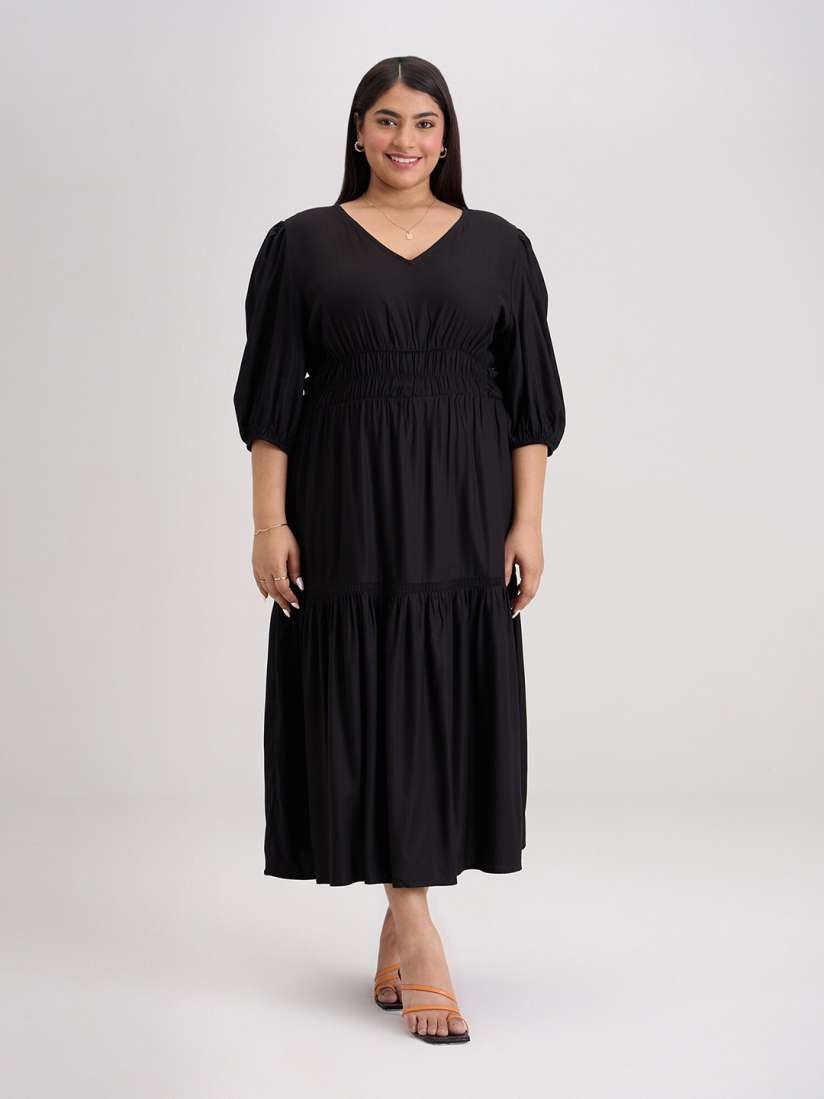 Buy 20Dresses Plus Size Black V Neck Smocked Fit Flare Tiered Maxi Dress Dresses for Women 23538214 Myntra