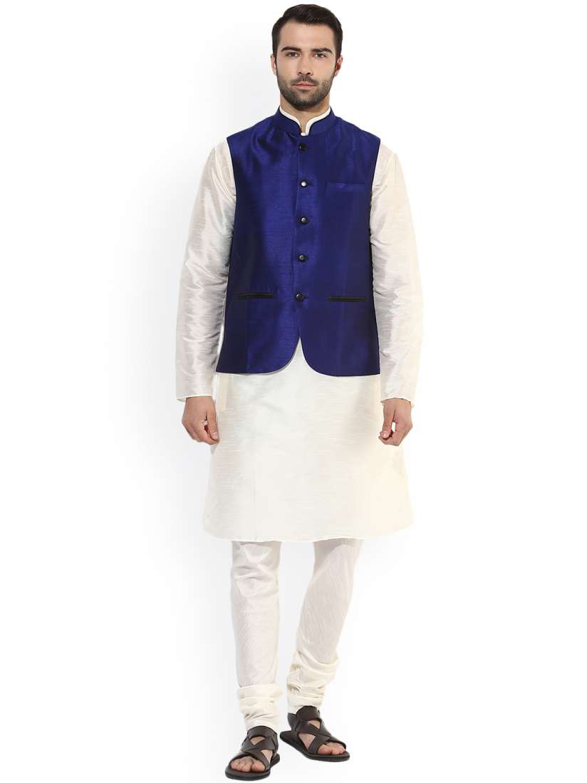 Buy KISAH Men Off White Navy Blue Solid Kurta Waistcoat with Churidar Kurta Sets for Men 2354197 Myntra