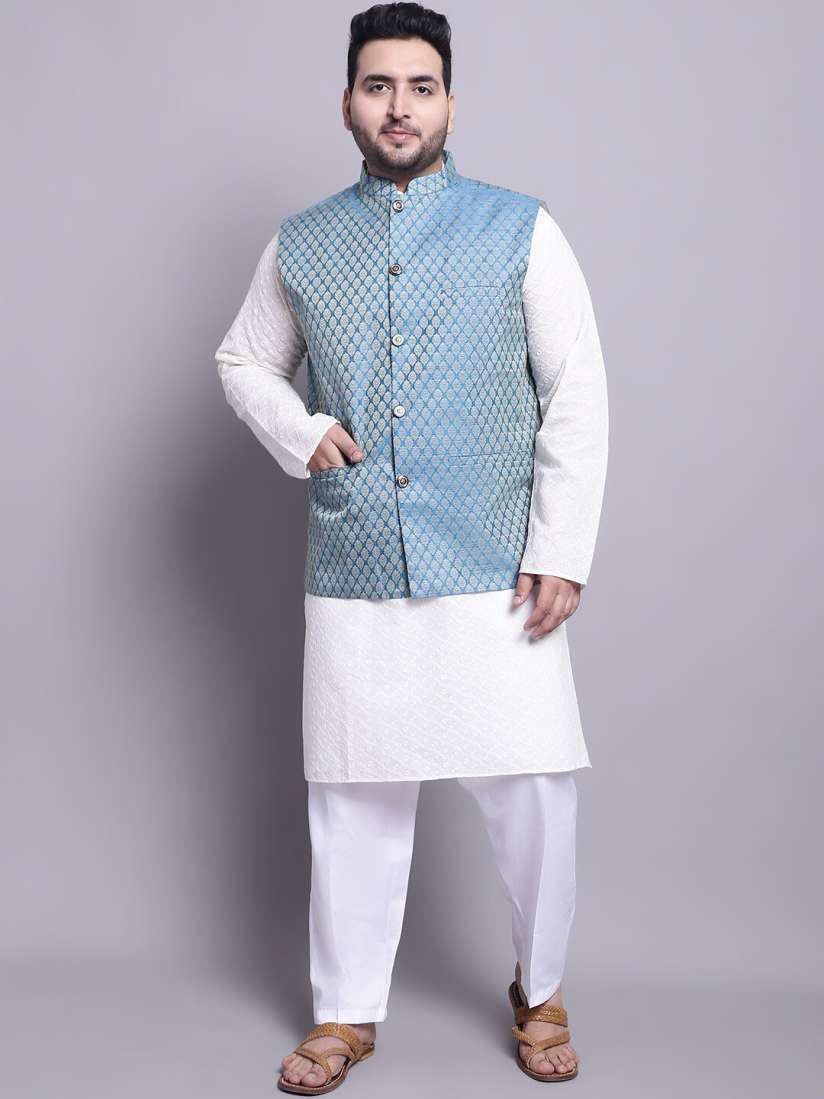 Buy SOJANYA PLUS Plus Size Embroidered Cotton Kurta With Pyjamas Woven Design Nehru Jacket Kurta Sets for Men 23544360 Myntra