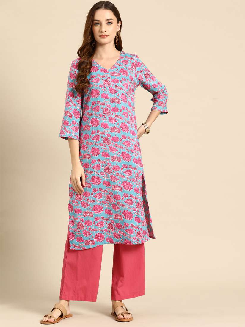 Anouk women pink printed straight kurta shop