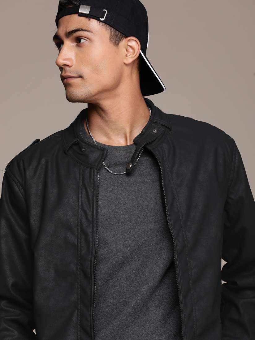 Buy WROGN Solid Stand Collar Leather Jacket Jackets for Men 23581408 Myntra