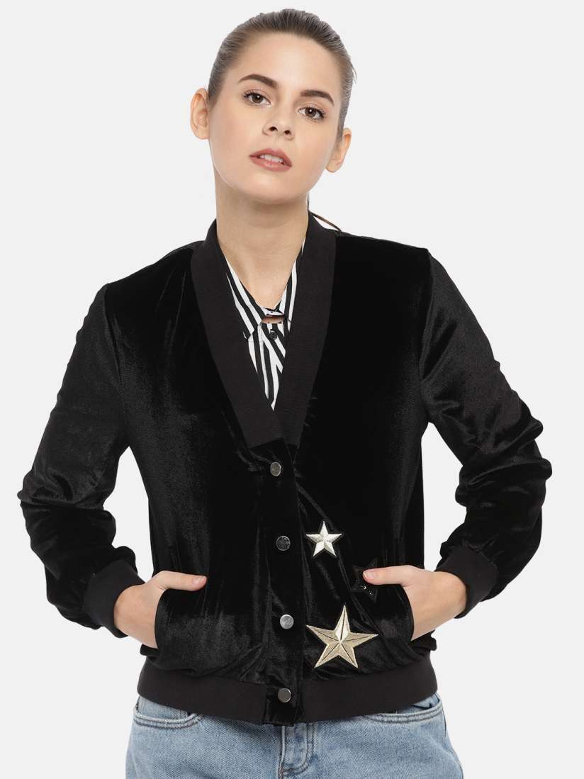 Buy Vero Moda Women Black Solid Embellished Velvet Bomber Jacket Jackets for Women 2359037 Myntra