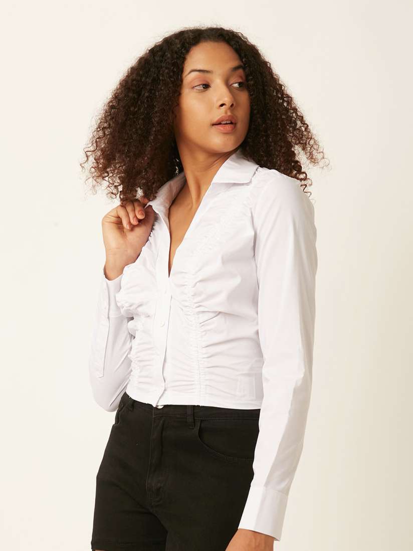 Buy FOREVER 21 White Ruched Shirt Collar Shirt Style Top Tops for Women 23629062 Myntra