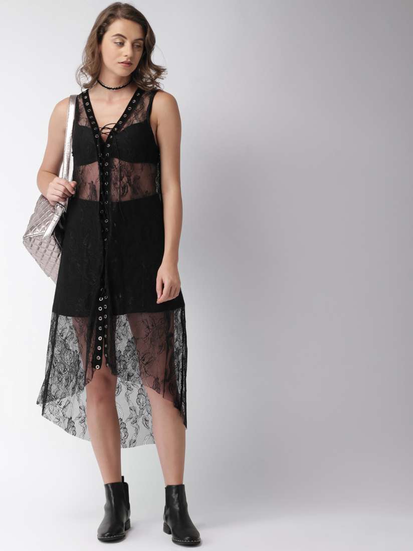 Buy FOREVER 21 Women Black Self Design A Line Sheer Dress Dresses for Women 2363027 Myntra