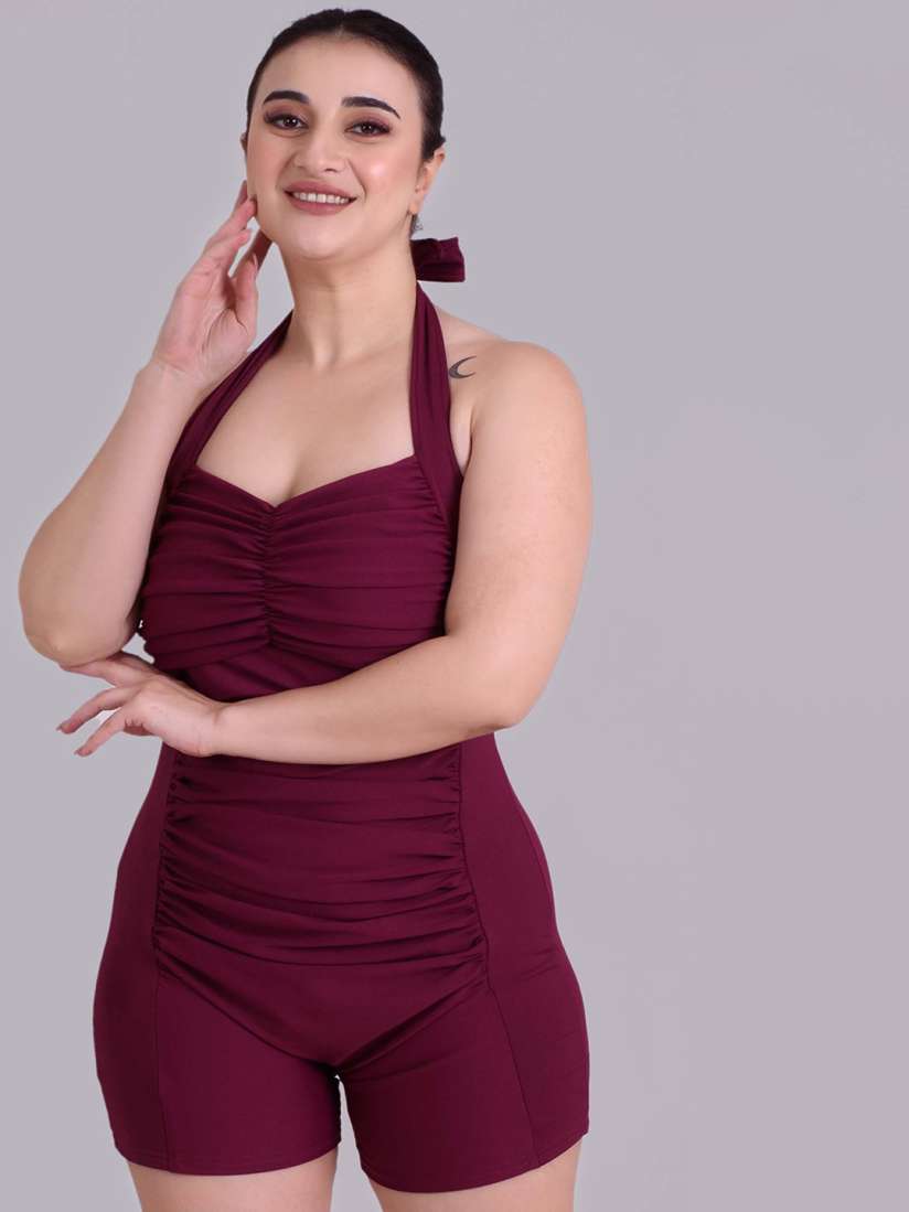 Buy Keepfit Halter Neck Padded Ruched Sleeveless One Piece Legsuit Swimwear for Women 23630390 Myntra