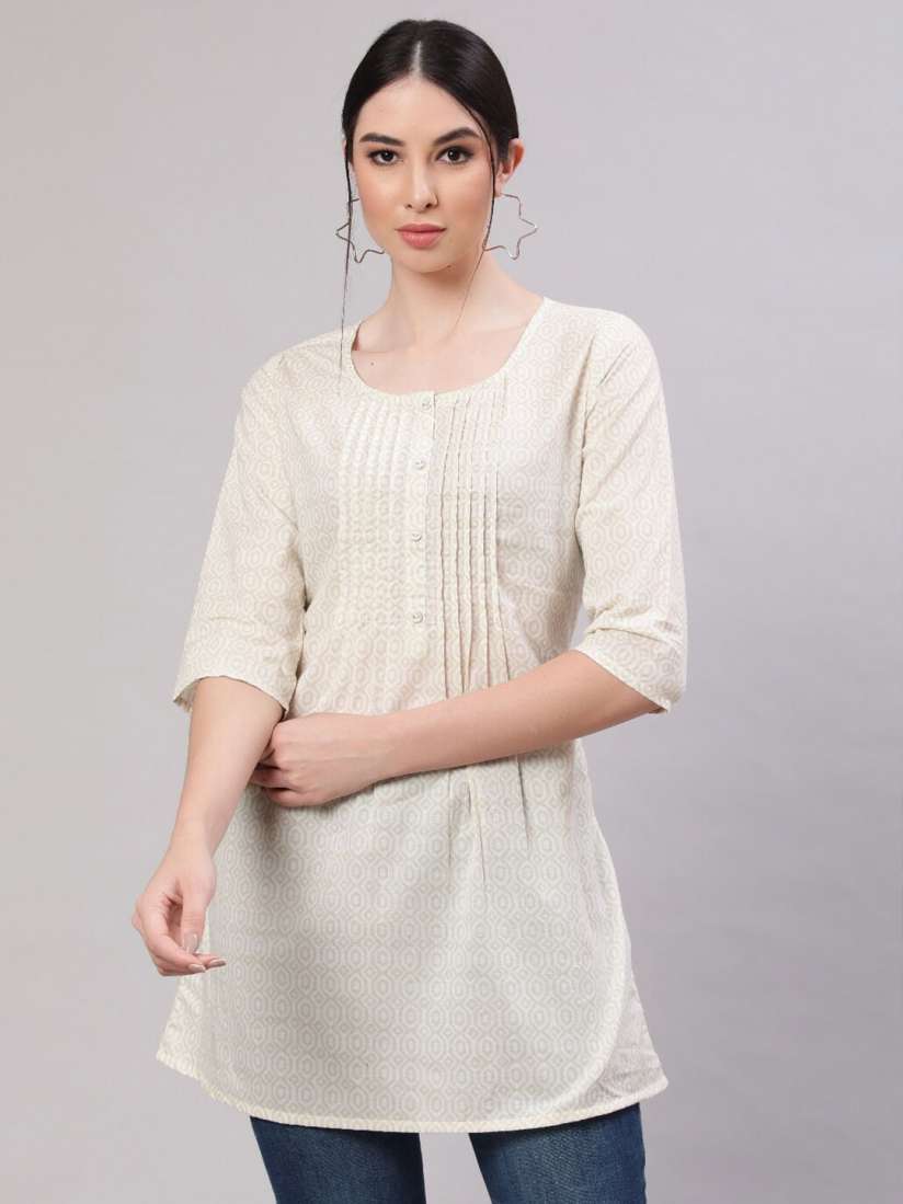 Buy Nayo Cream Coloured Printed Pleated Cotton Straight Tunic Tunics for Women 23631074 Myntra