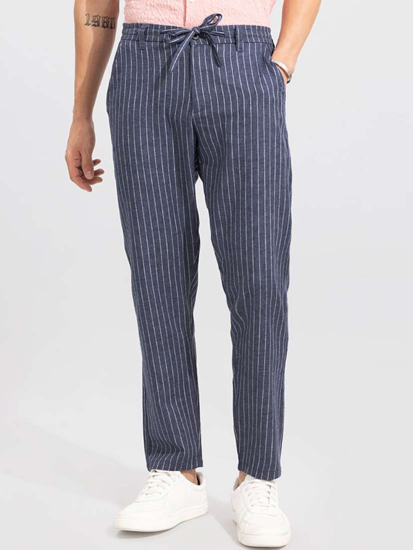Buy Snitch Men Blue Striped Relaxed Straight Fit Linen Trousers Trousers for Men 23634408 Myntra