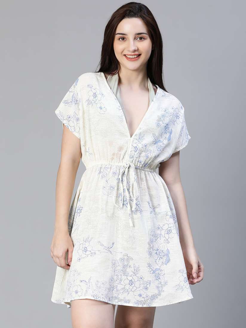 Buy Oxolloxo Floral Printed Elasticated V Neck Beachwear Dress Swimwear Cover up Top for Women 23634544 Myntra