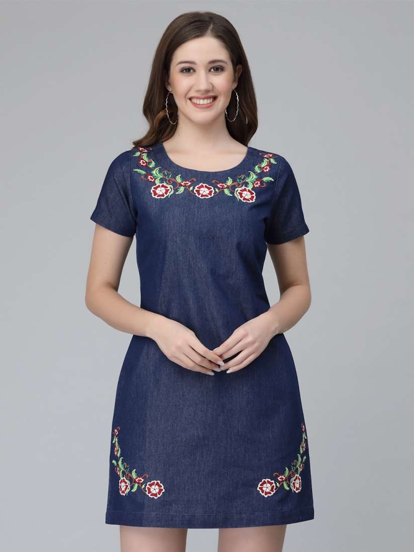 Buy Wool Trees Floral Embroidered Denim A Line Mini Dress Dresses for Women 23640260 Myntra