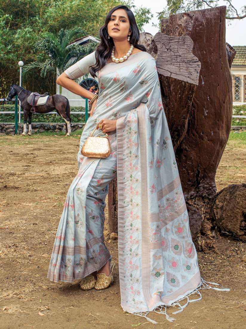 Buy Mitera Grey Gold Toned Ethnic Motifs Woven Design Zari Silk Blend Banarasi Saree Sarees for Women 23661472 Myntra
