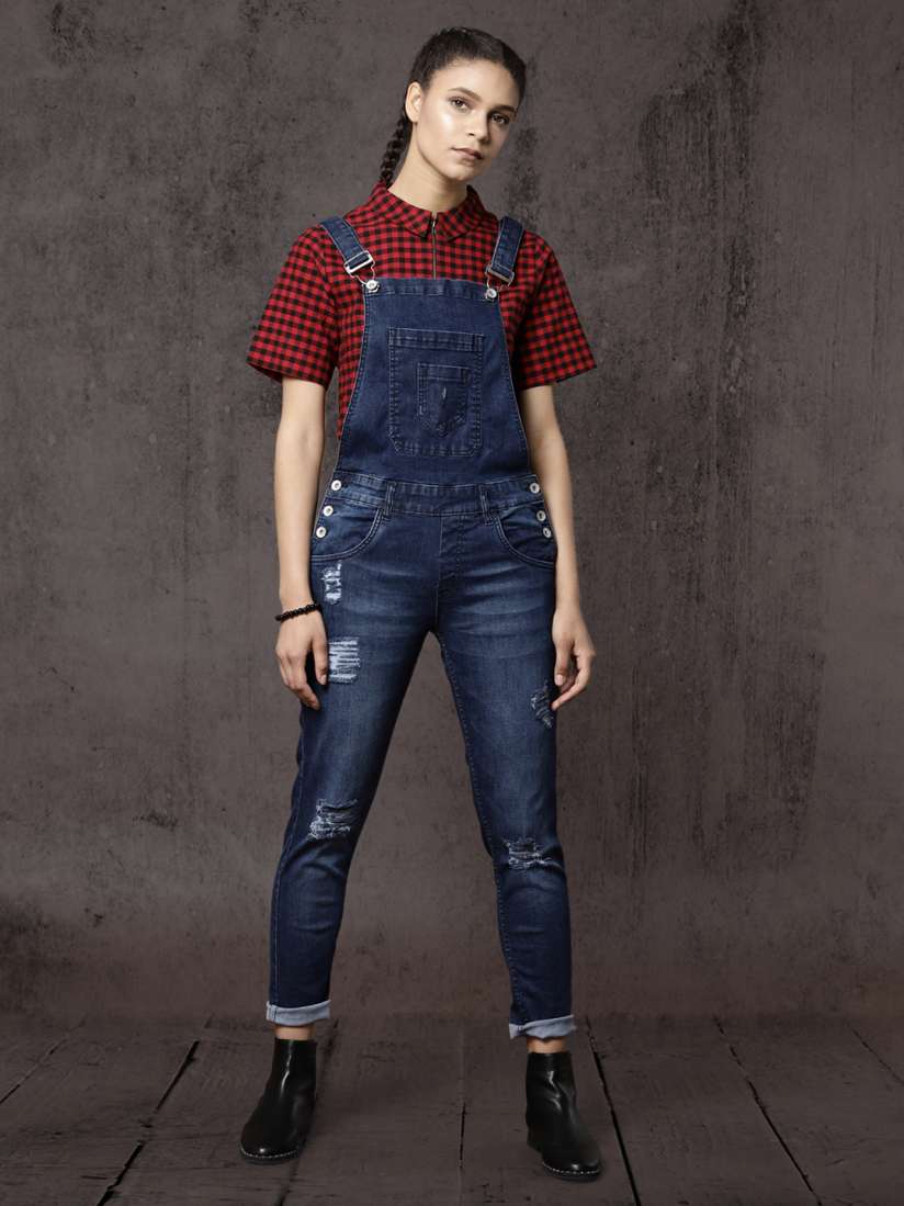 Buy Roadster Women Blue Distressed Denim Dungarees Dungarees for Women 2367785 Myntra