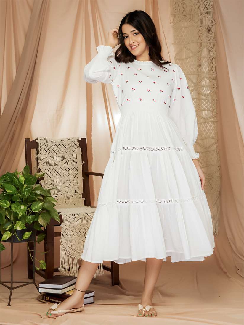 Buy Aaheli Self Designed Lace Detailed High Neck Puff Sleeves Fit Flare Dress Dresses for Women 23680680 Myntra