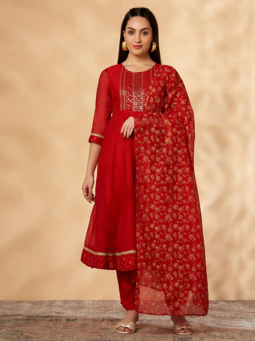 Buy IMARA Yoke Design Sequinned Embroidered Chanderi Silk Kurta Churidar With Dupatta Kurta Sets for Women 23714300 Myntra