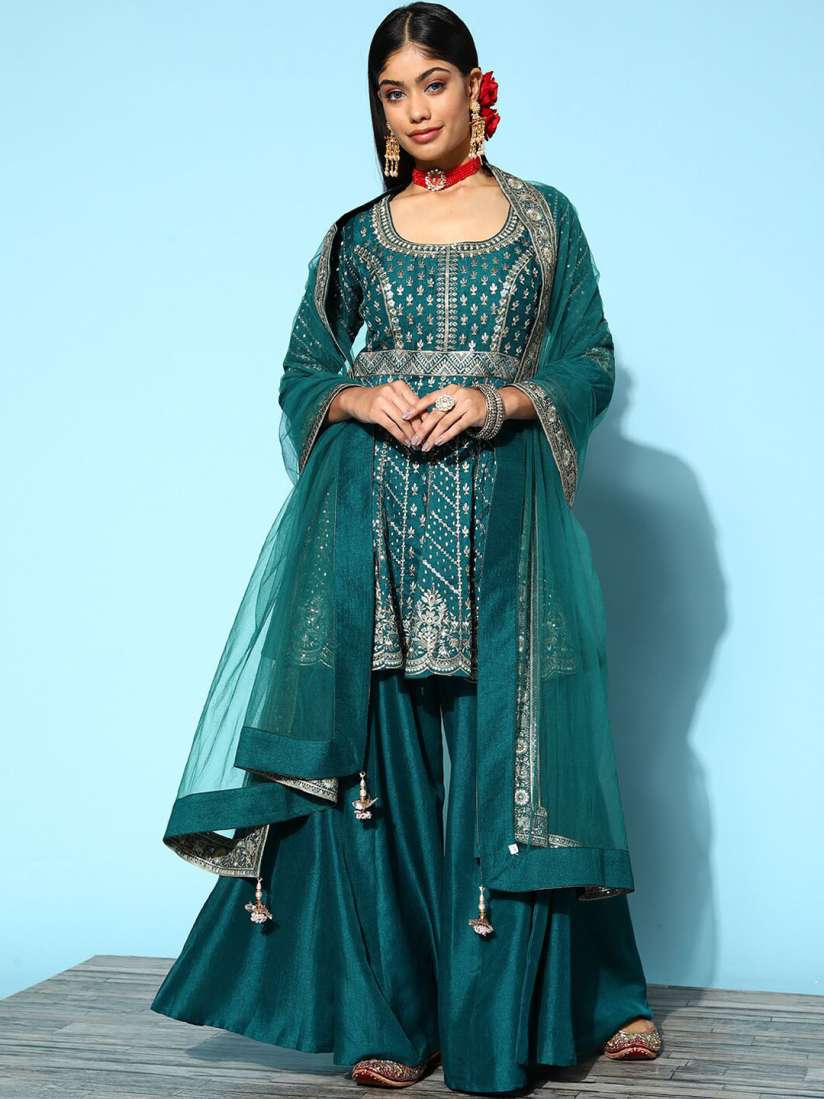 Buy Libas Art Floral Embroidered Sequinned Pure Silk Kurti With Palazzos With Dupatta Kurta Sets for Women 23716954 Myntra