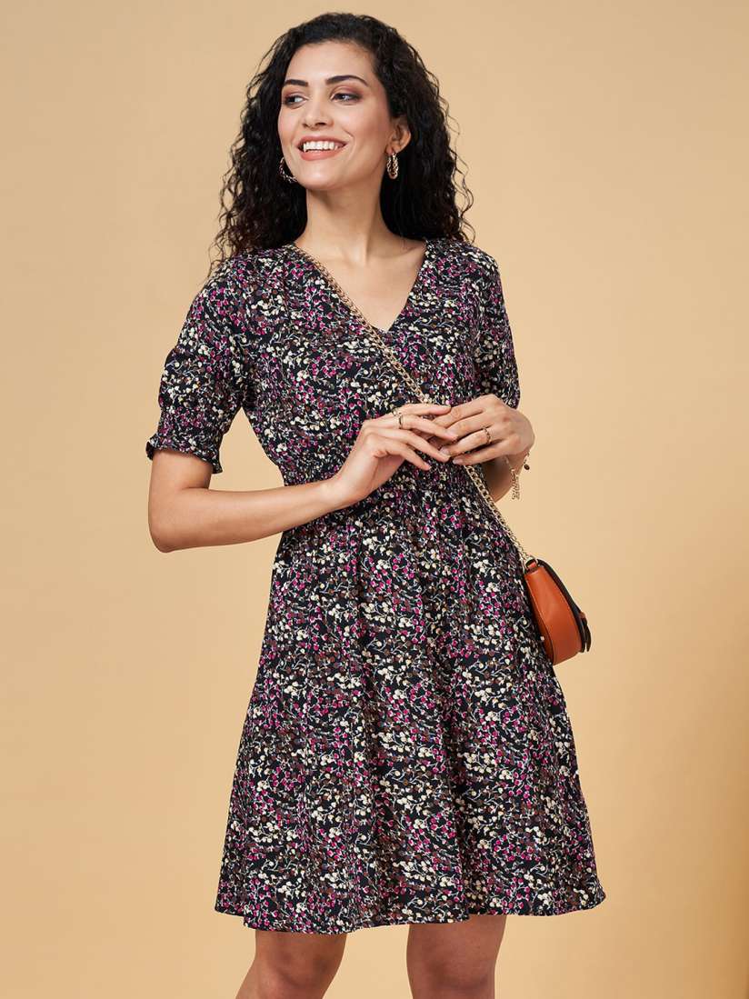 Buy YU by Pantaloons Floral Printed V Neck Smocked Fit Flare Pure Cotton Dress Dresses for Women 23727284 Myntra