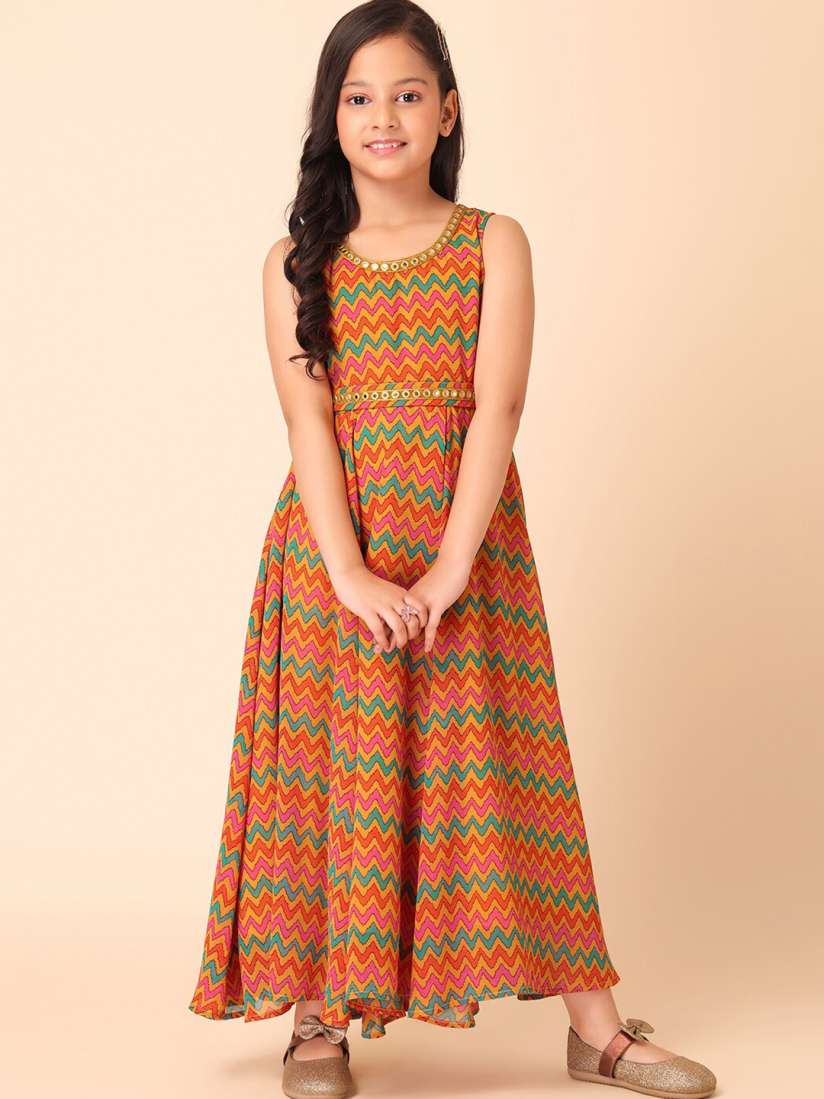 Buy Miss Indya Girls Chevron Printed Mirror Work Round Neck Maxi Ethnic Dress Ethnic Dresses for Girls 23798558 Myntra