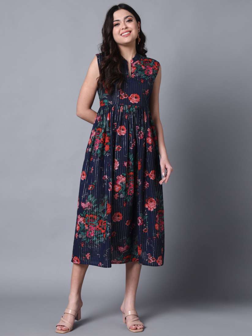 Buy KALINI Floral Printed Mandarin Collar Gathered Detail Cotton Fit Flare Midi Dress Dresses for Women 23810370 Myntra