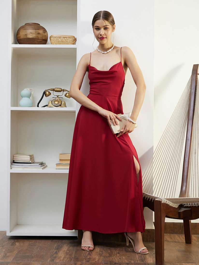 Buy Berrylush Red Cowl Neck Shoulder Straps Lace Up Maxi Dress Dresses for Women 23815418 Myntra