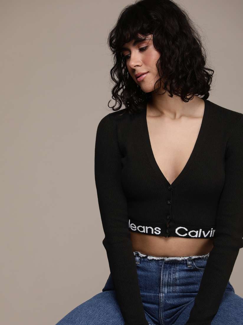 Buy Calvin Klein Jeans V Neck Ribbed Cropped Cardigan Sweaters for Women 23823112 Myntra