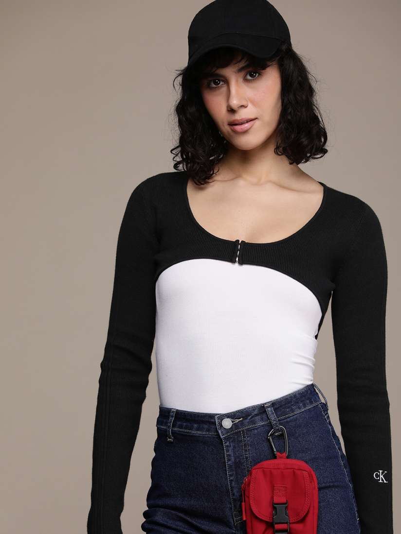 Buy Calvin Klein Jeans Self Design Ribbed Super Crop Cardigan Sweaters for Women 23823180 Myntra