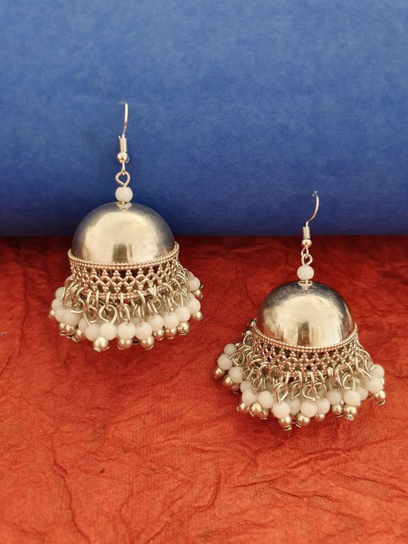 Buy Infuzze Silver Toned Off White Beaded Handcrafted Jhumkas Earrings for Women 2382669 Myntra