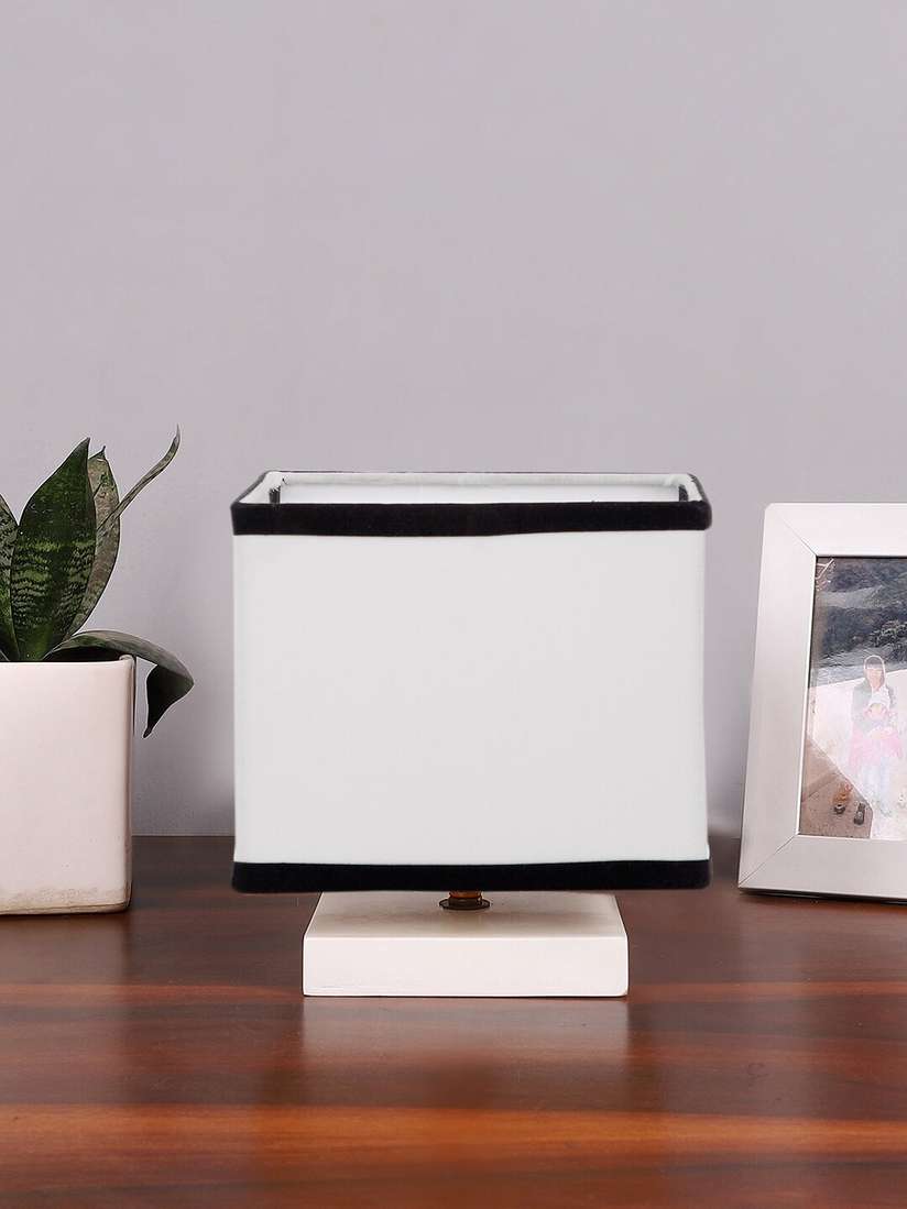 Devansh White Black Cotton Square Table Lamp With Wood Base