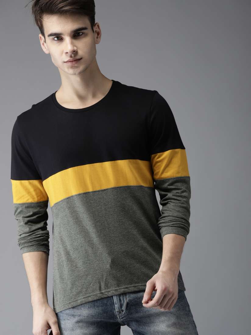 Buy HERE NOW Men Black Grey Colourblocked Round Neck T shirt Tshirts for Men 2383701 Myntra