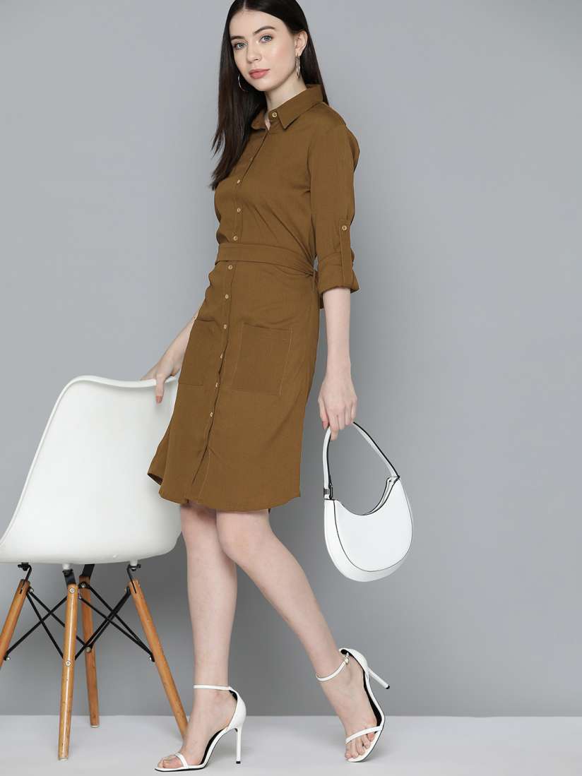 Buy Chemistry Solid Belted Crepe Shirt Dress Dresses for Women 23857874 Myntra