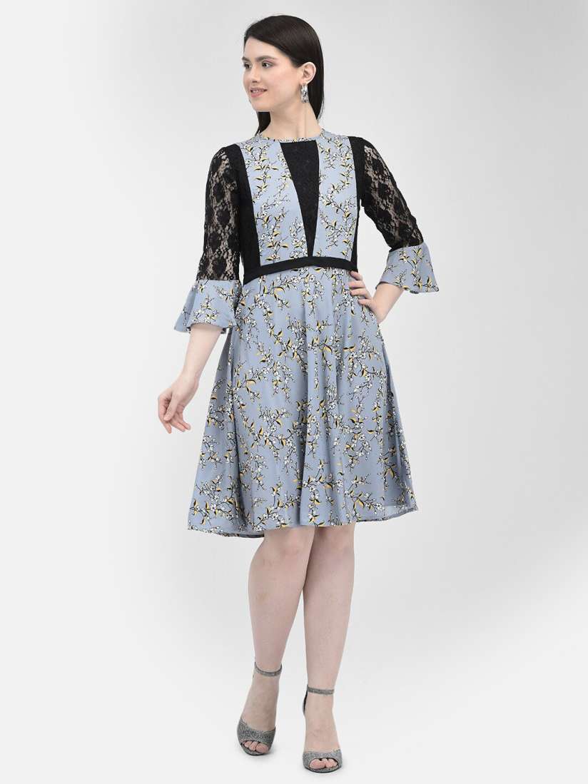 Buy Eavan Floral Printed Bell Sleeve Lace Inserts Pure Cotton Fit Flare Dress Dresses for Women 23864456 Myntra