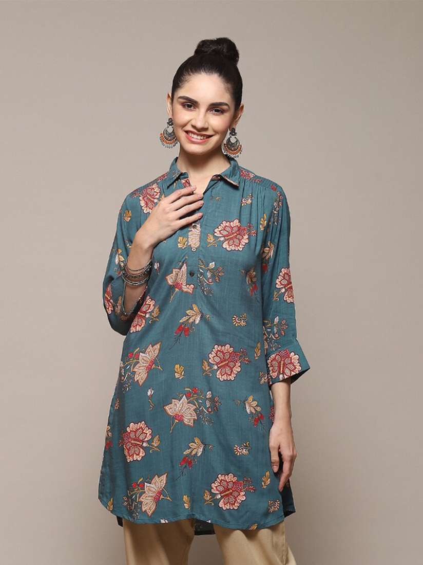 Buy Biba Teal Floral Print Roll Up Sleeves Shirt Style Longline Top Kurtis for Women 23871672 Myntra