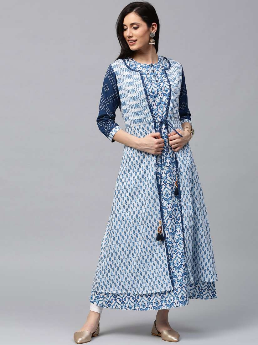 Buy Jaipur Kurti Women White Blue Printed A Line Kurta with Ethnic Jacket Kurtas for Women 2389780 Myntra