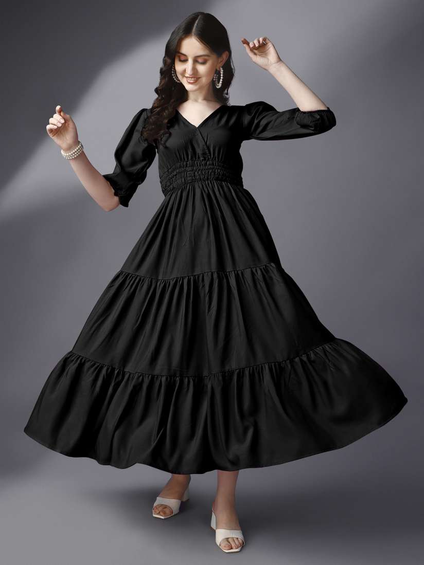 Buy Femvy Smocked Tiered Puff Sleeve Maxi Fit Flare Dress Dresses for Women 23905612 Myntra