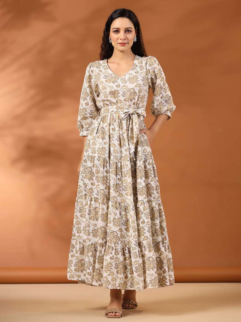 Buy Jaipur Kurti Floral Printed V Neck Puff Sleeves Tiered Cotton Maxi Dress Dresses for Women 23907546 Myntra