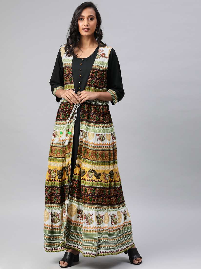 Buy Shree Women Black Solid Maxi Dress with Printed Longline Ethnic Jacket Dresses for Women 2392357 Myntra