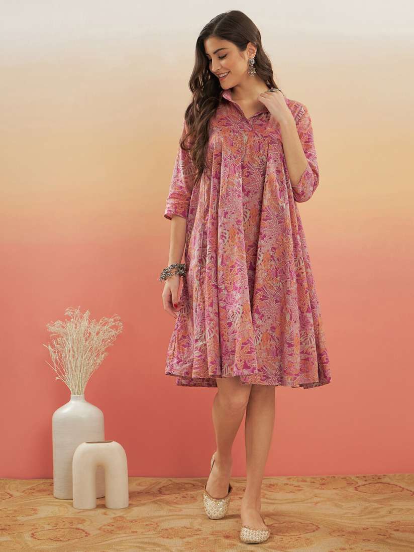 Buy InWeave Floral Printed Shirt Collar Gathered A Line Dress Dresses for Women 23930036 Myntra