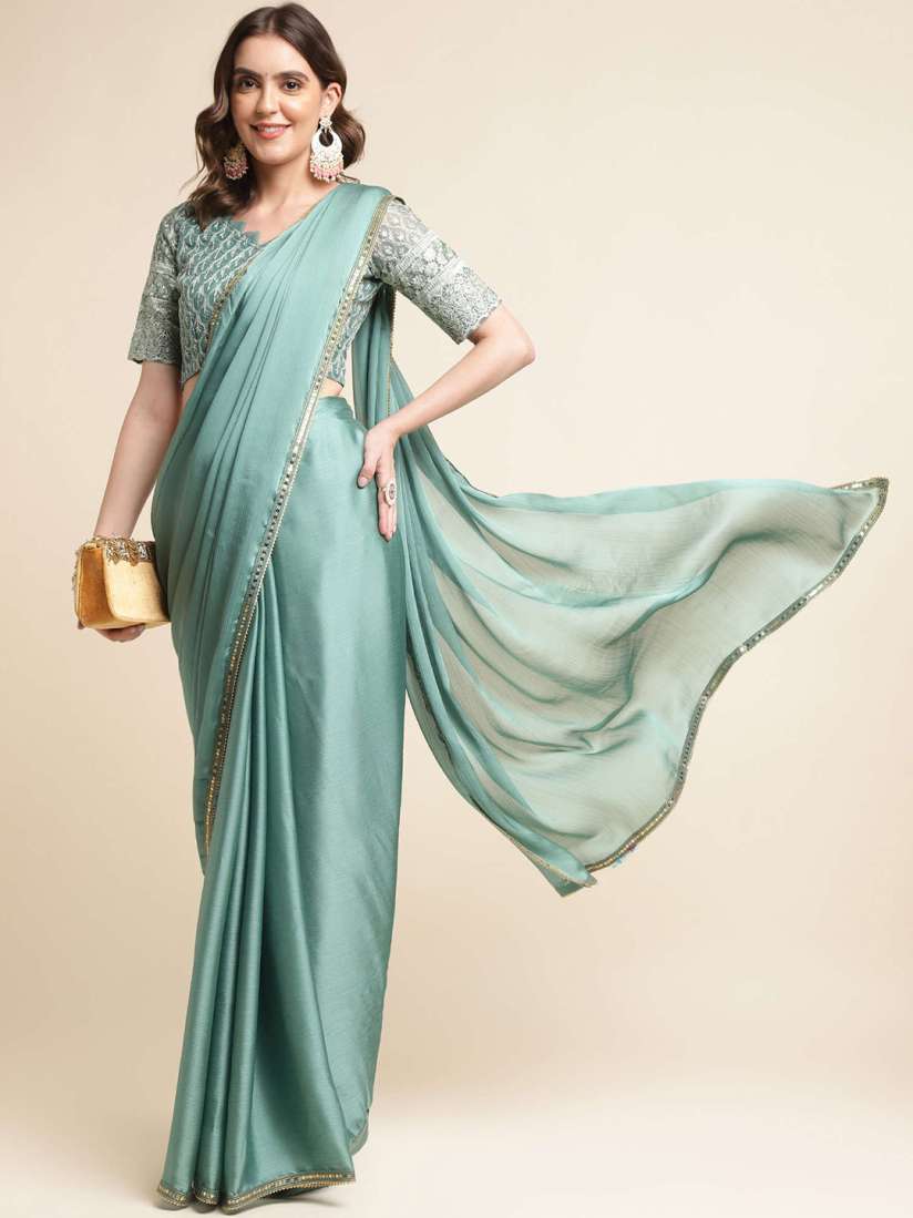 Buy Mitera Sea Green Embellished Border Satin Chiffon Saree Sarees for Women 23937266 Myntra