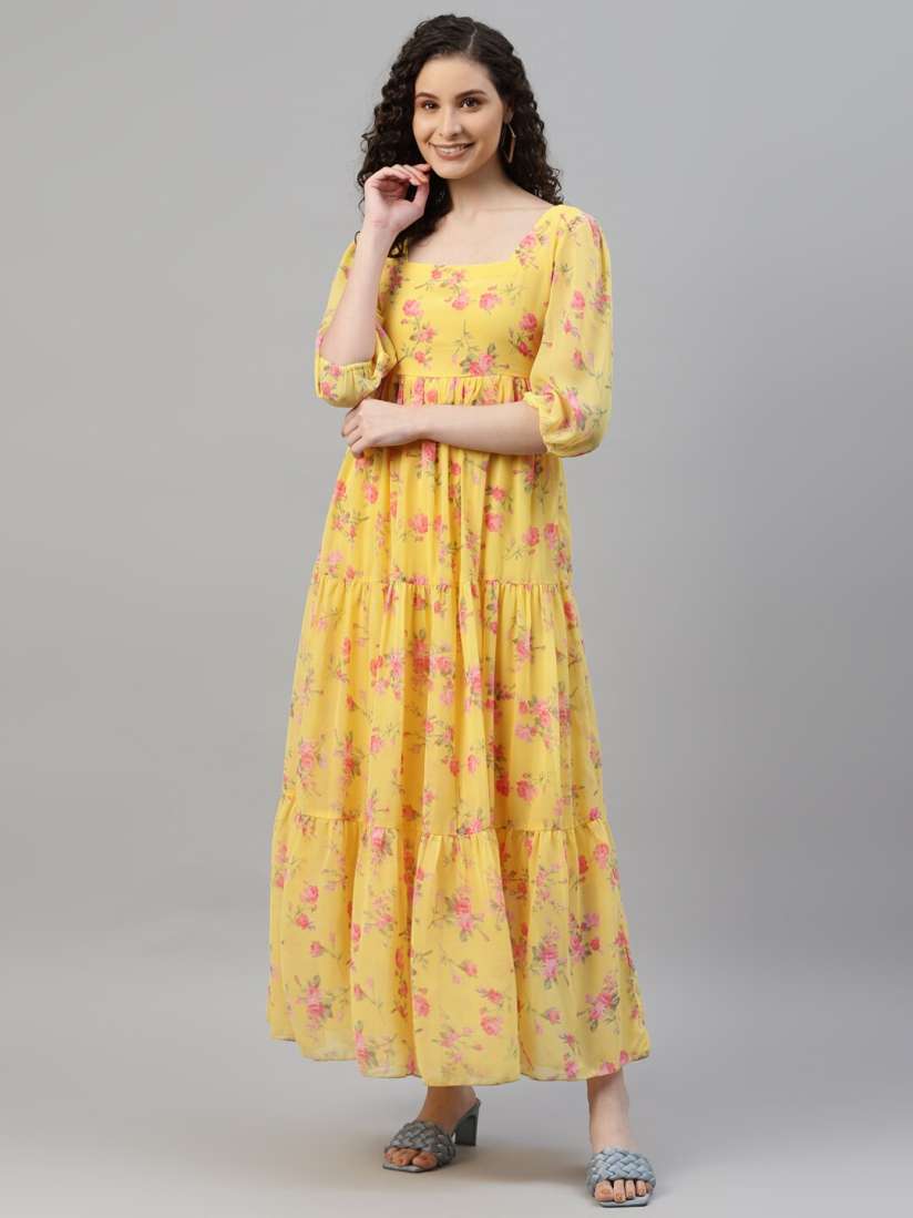 Buy DEEBACO Floral Printed Square Neck Puff Sleeves Tiered Detailed Fit Flare Maxi Dress Dresses for Women 23940030 Myntra
