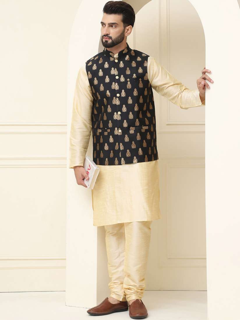 Buy SOJANYA Mandarin Collar Kurta With Churidar Self Design Nehru Jacket Kurta Sets for Men 23955128 Myntra