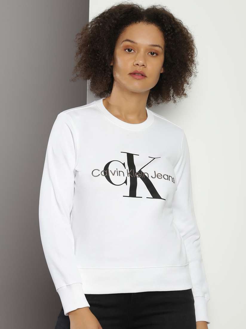 White Calvin Klein Women's Crew Neck Sweatshirts Calvin Klein